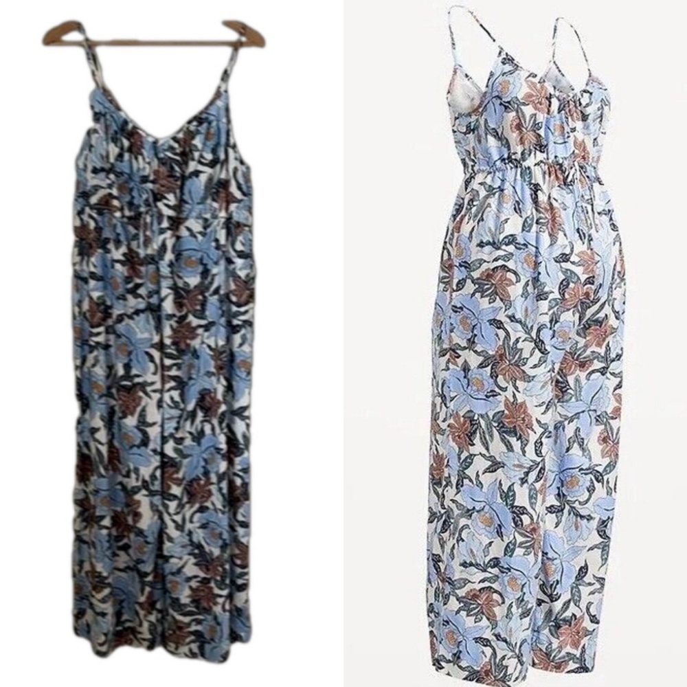 Old Navy Linen Blend Spaghetti Strap Blue Floral Wide Leg Maternity Romper. M